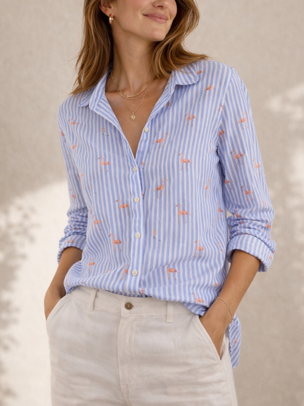Chico's Blue & Pink Striped Button-Down Shirt with Flamingo Print